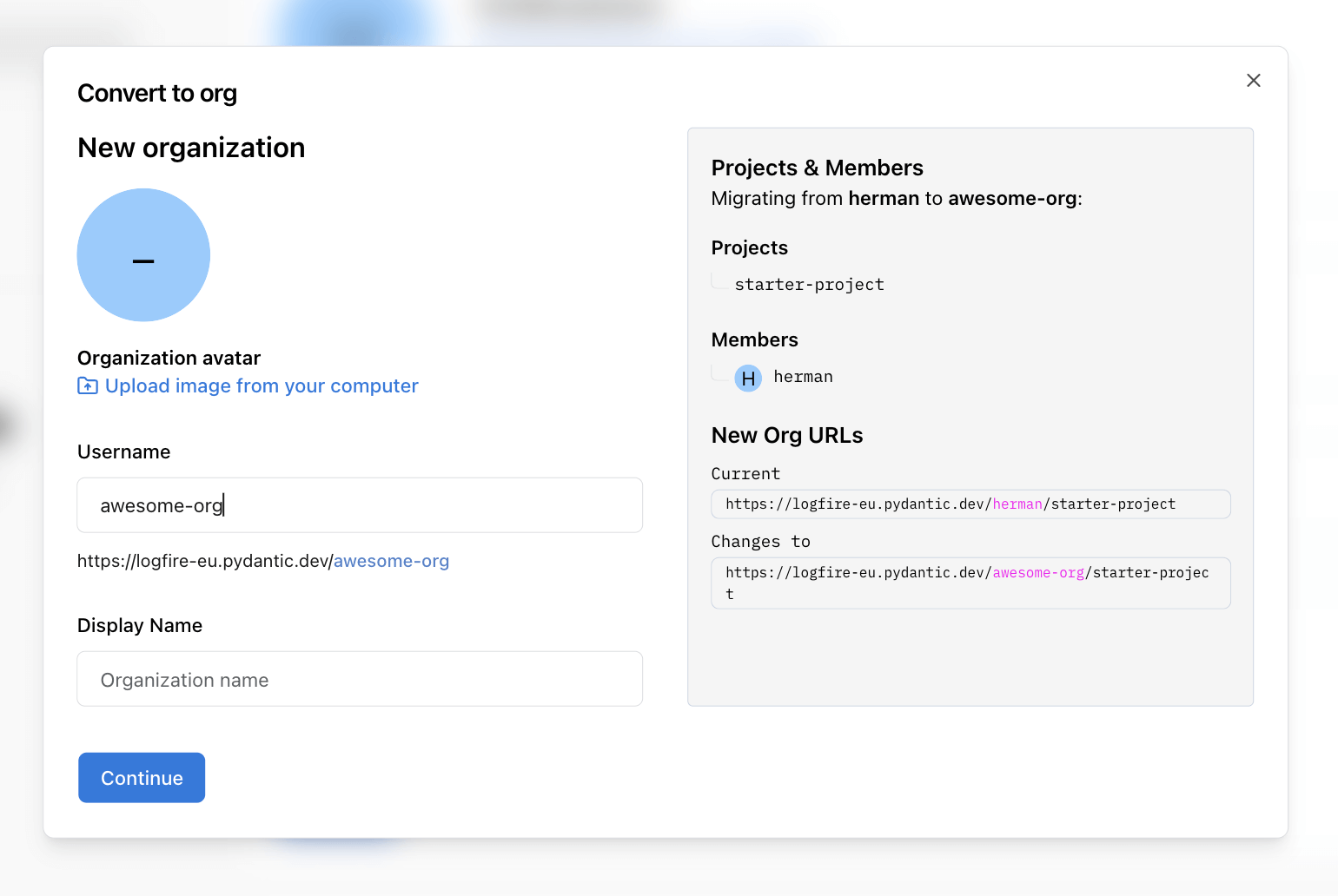 Set up new organization modal